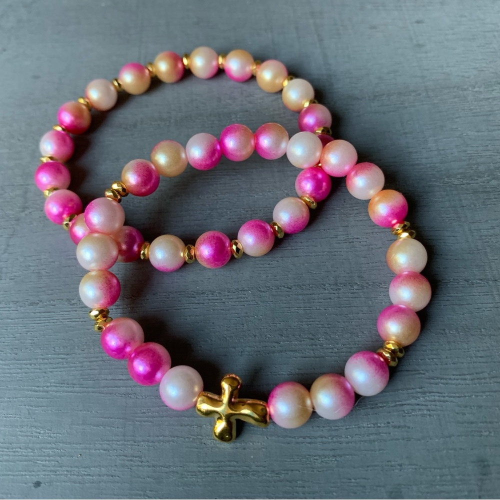 {Handmade} Pink and Gold Beaded Bracelet Set